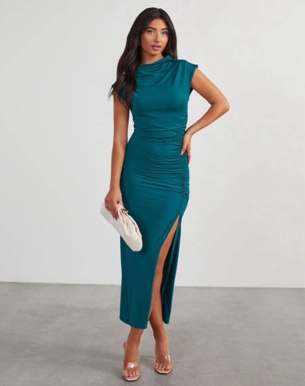 ✨VICI Elisabeth Mock Neck Side Slit Ruched Midi Teal Sz Medium Dress✨